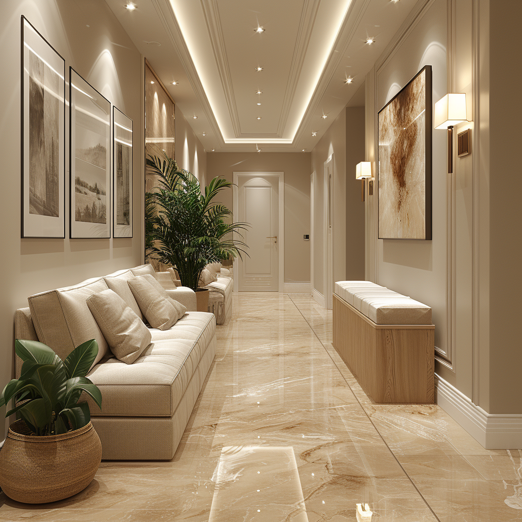 Роскошный коридор в нежном бежевом цвете с многоуровневым освещением и живым растением