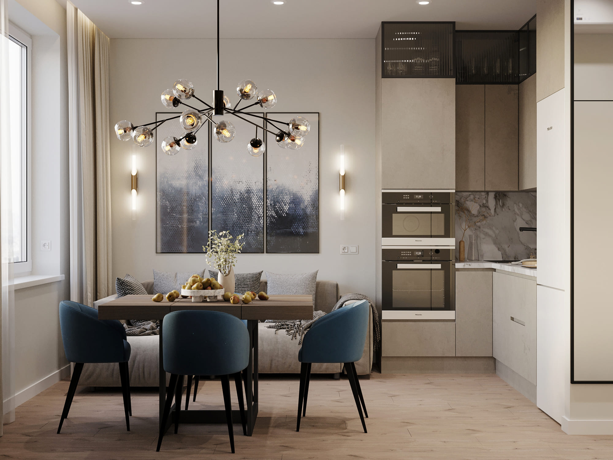 ремонт кухни в современном стиле в бежевых тонах с синими акцентами от компании домео