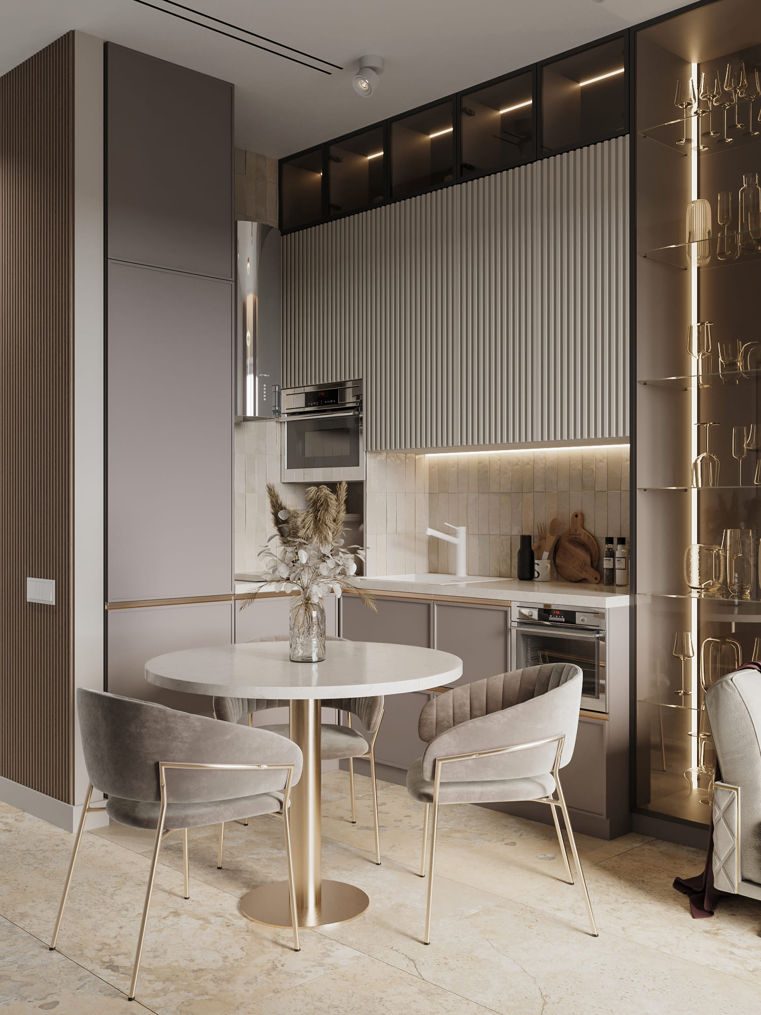 Кухня в светло-серых оттенках с рельефными фасадами и встроенным освещением