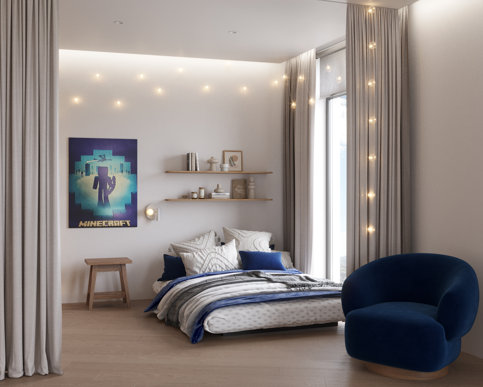 Стильная детская в светлых тонах с насыщенным синим акцентом и подвесными полками