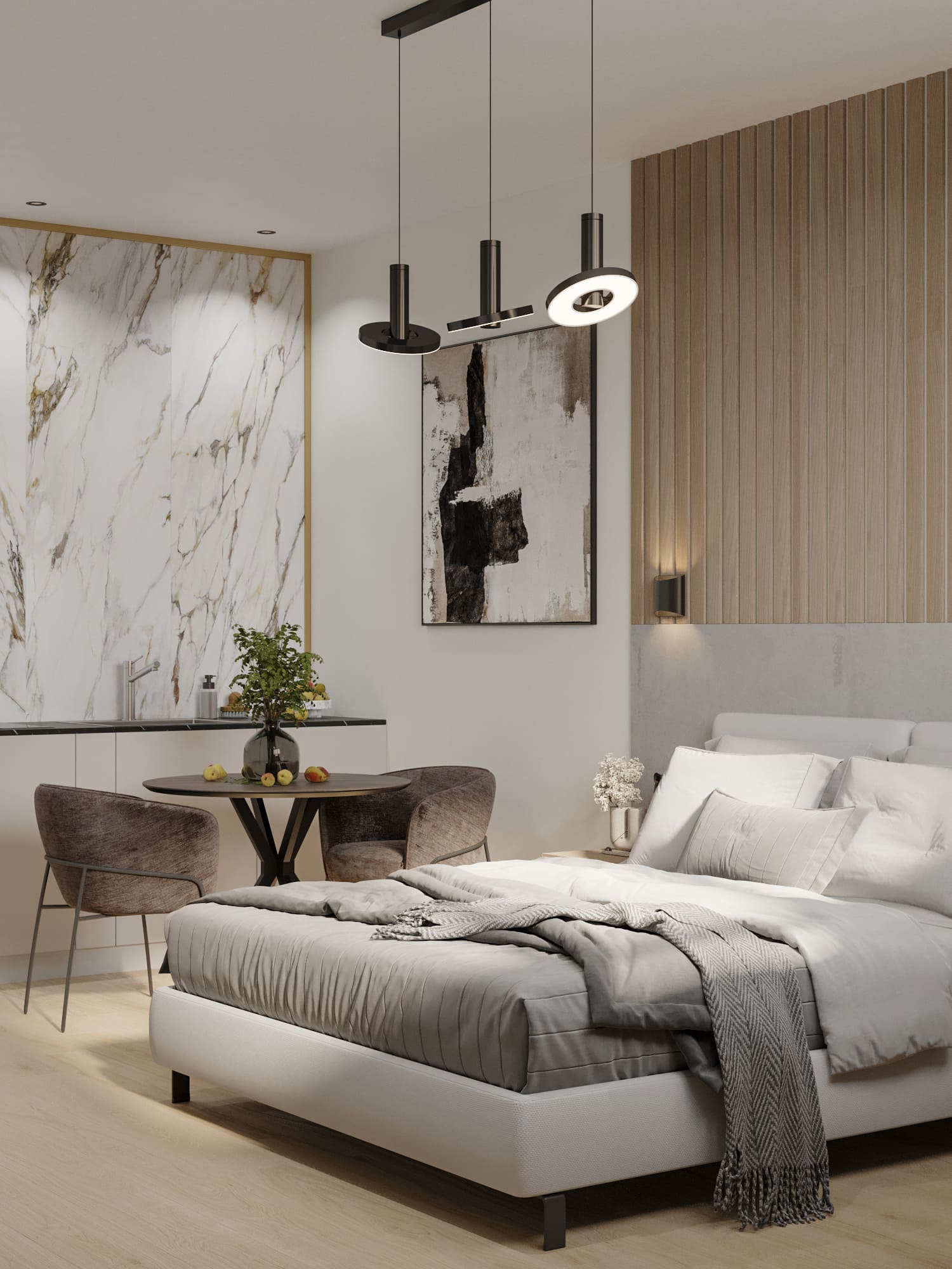 Ремонт студии со спальней в светлых оттенках под ключ от компании Domeo