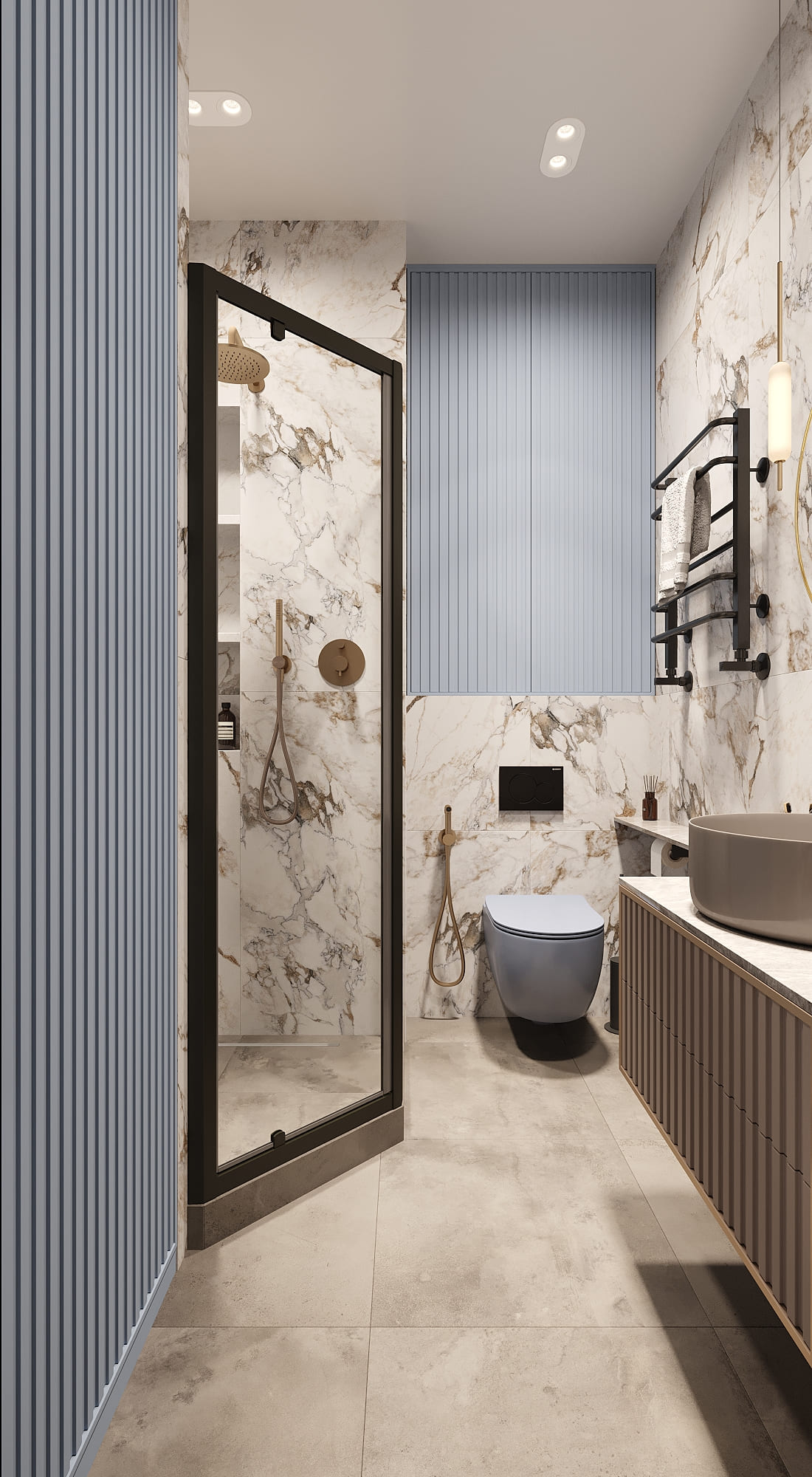 Ремонт ванной комнаты в новостройке с голубыми акцентами под ключ от компании Domeo