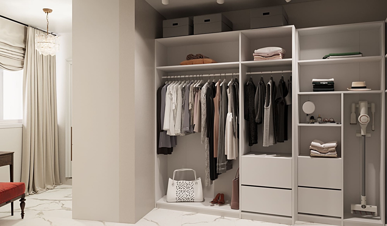 Уютная гардеробная в светлых тонах с потолочным освещением
