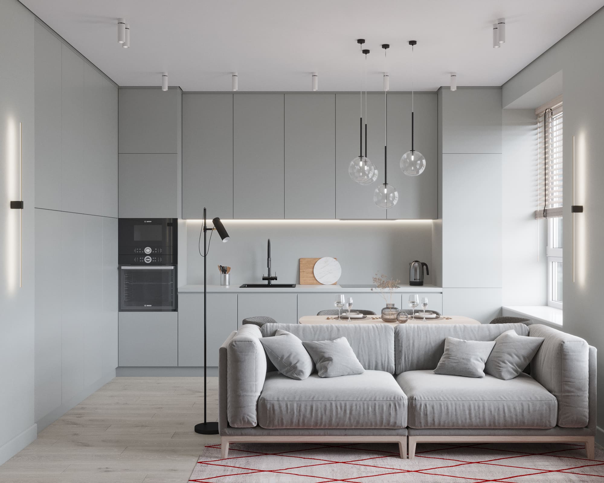 Ремонт квартиры в кухне-гостиной в сером стиле от компании Domeo