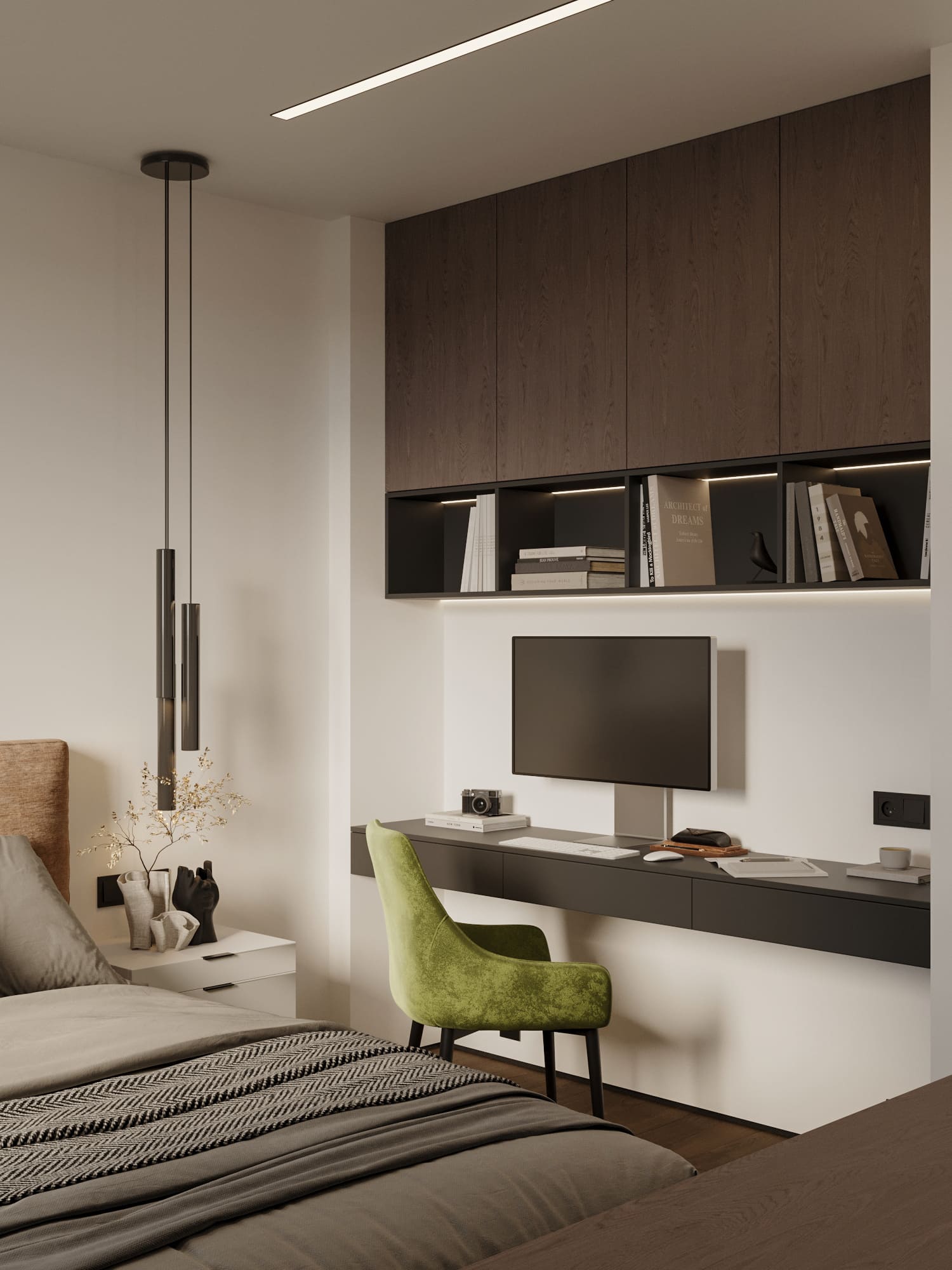 Ремонт квартиры в спальне в стиле минимализм в светлых и темных оттенках от компании Domeo