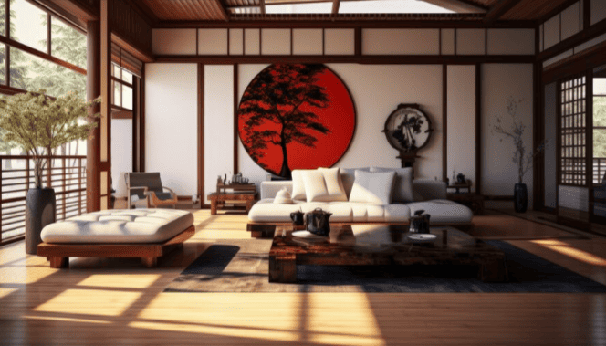 Ремонт квартиры в гостиной с красным акцентом в японском стиле от компании Domeo