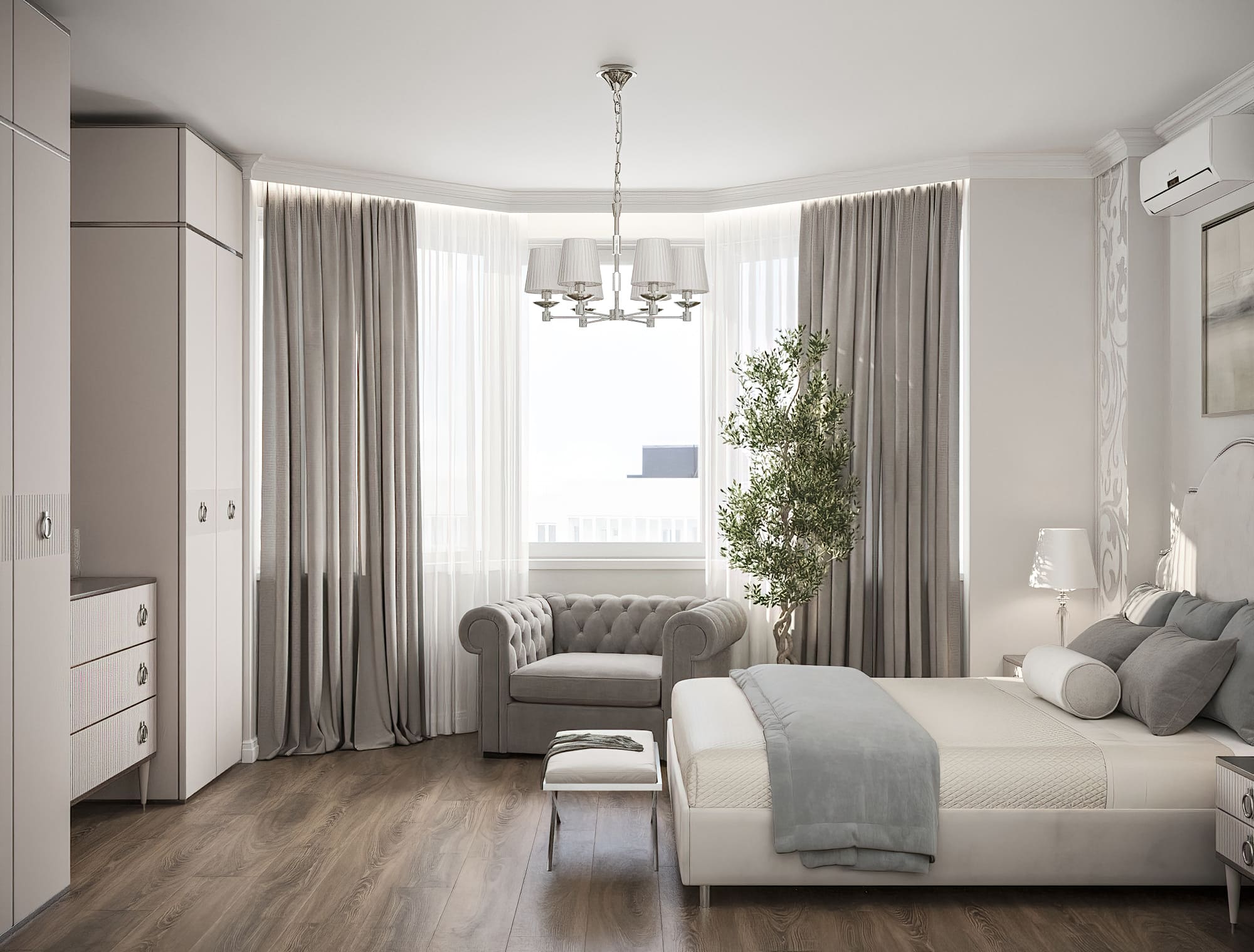 Ремонт квартиры в спальне в серых оттенках в стиле неоклассика от компании Domeo