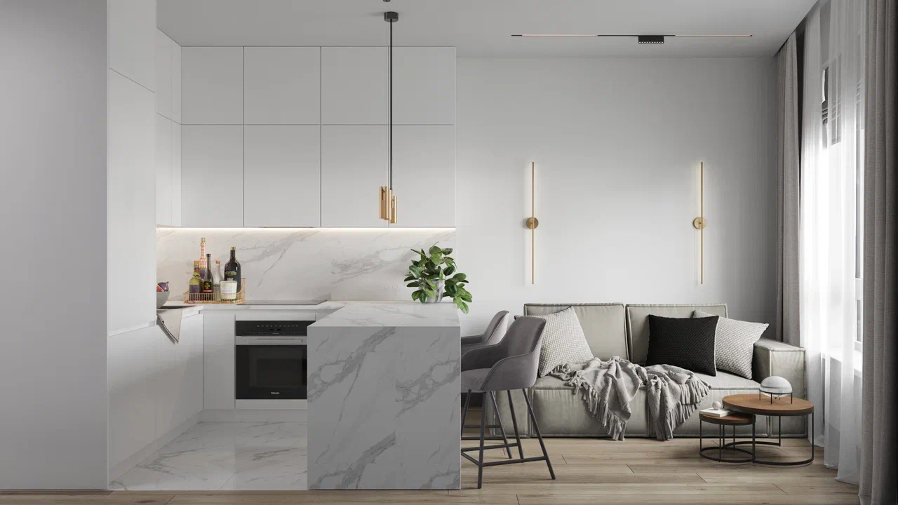 Ремонт квартиры в кухне-гостиной в стиле хайтек от компании Domeo