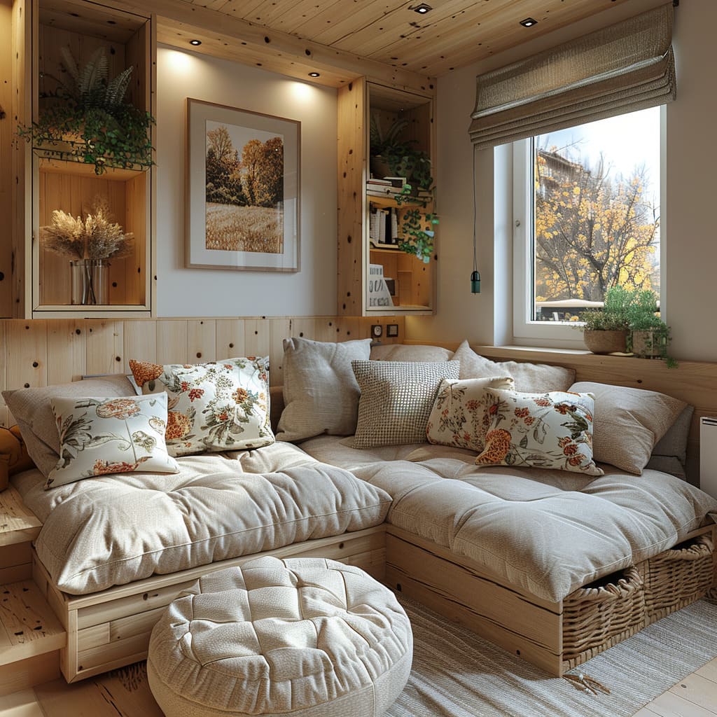 Ремонт квартиры в гостиной с большим диваном в стиле прованс от компании Domeo