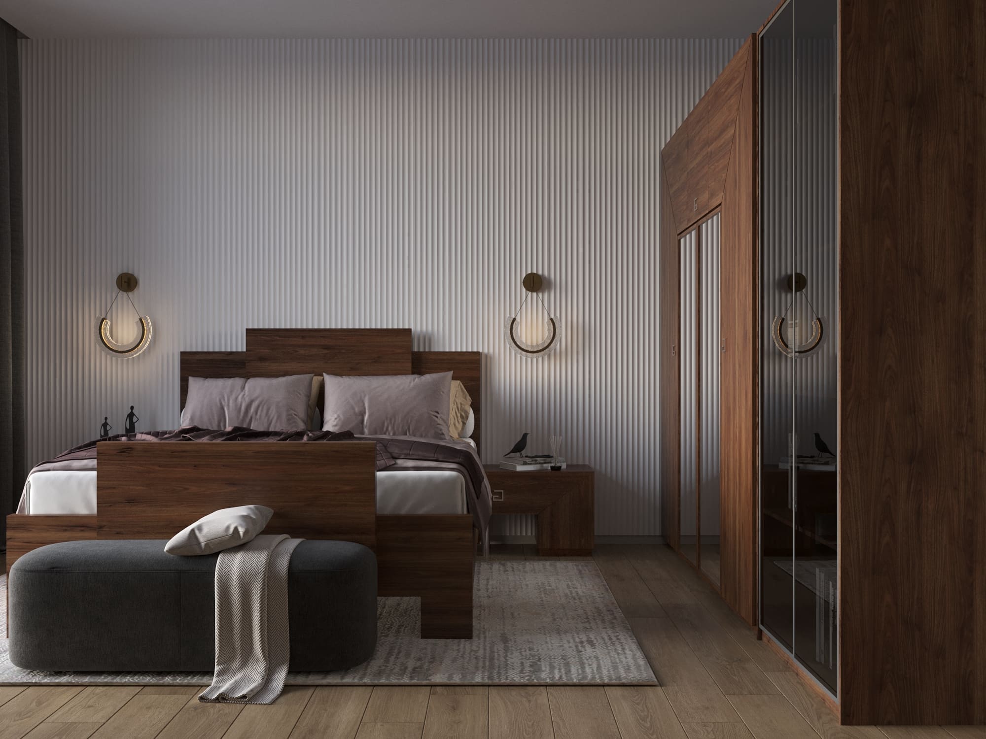 Ремонт квартиры в спальне с деревянной отделкой в стиле контемпорари от компании Domeo