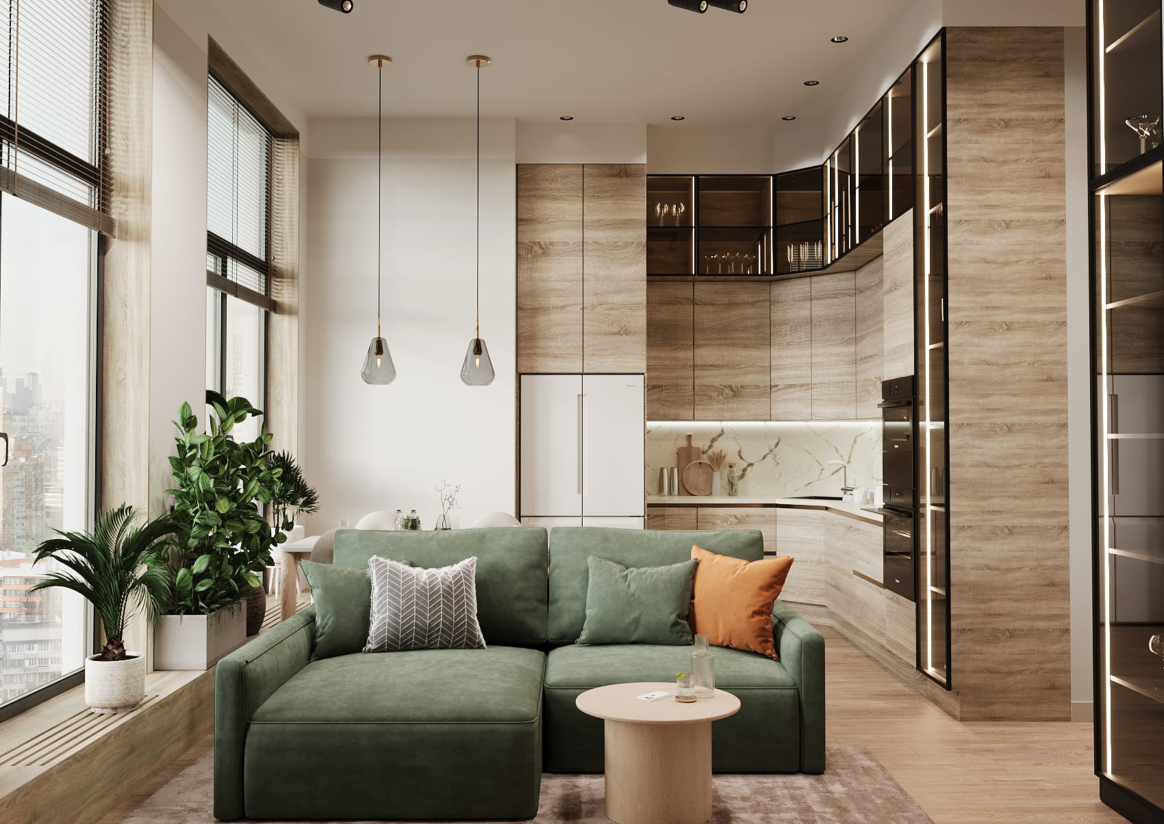 Ремонт квартиры в кухне-гостиной с зелеными акцентами в стиле эко от компании Domeo