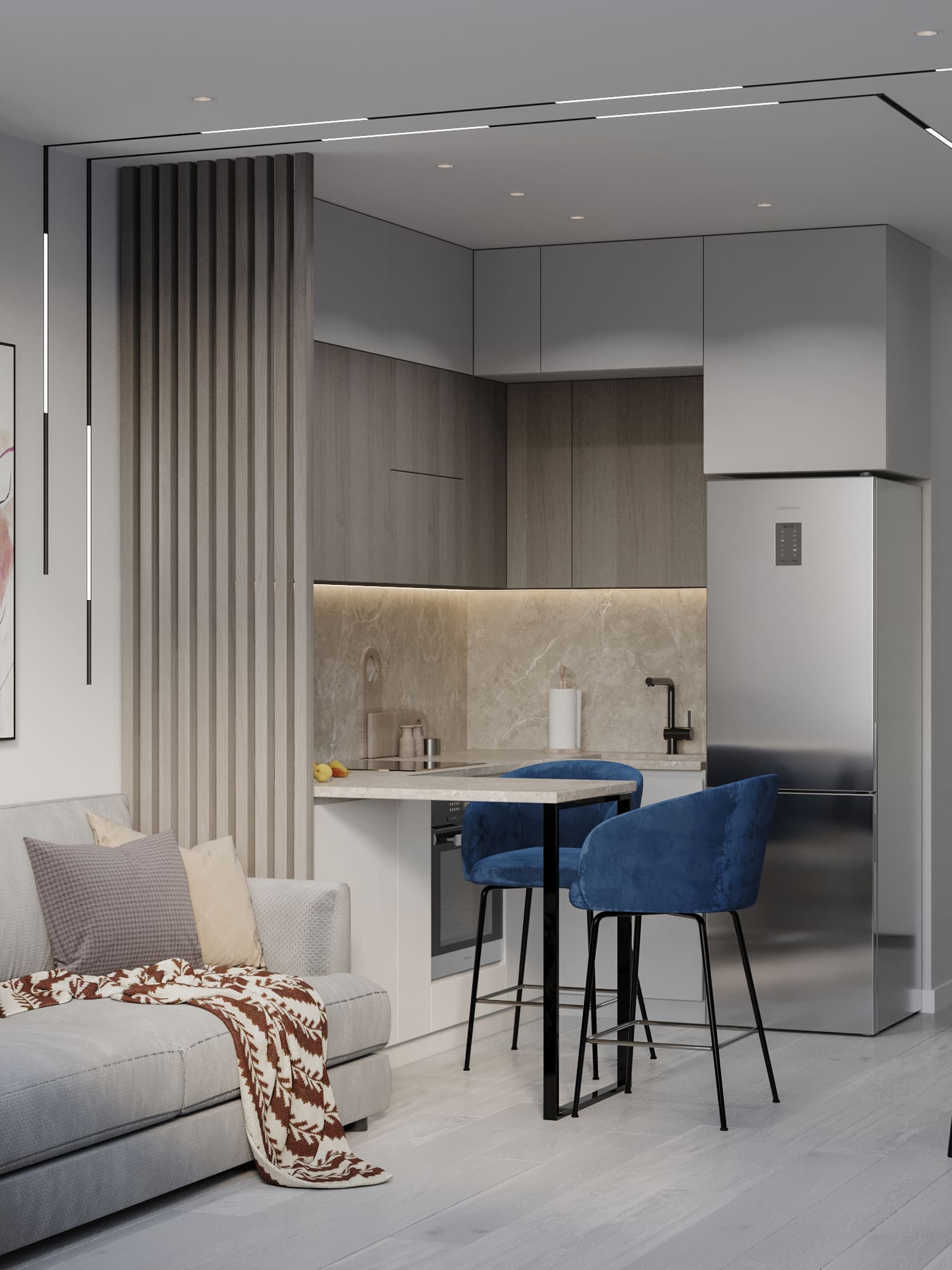 Ремонт студии 29 кв м с синими акцентами от компании Domeo