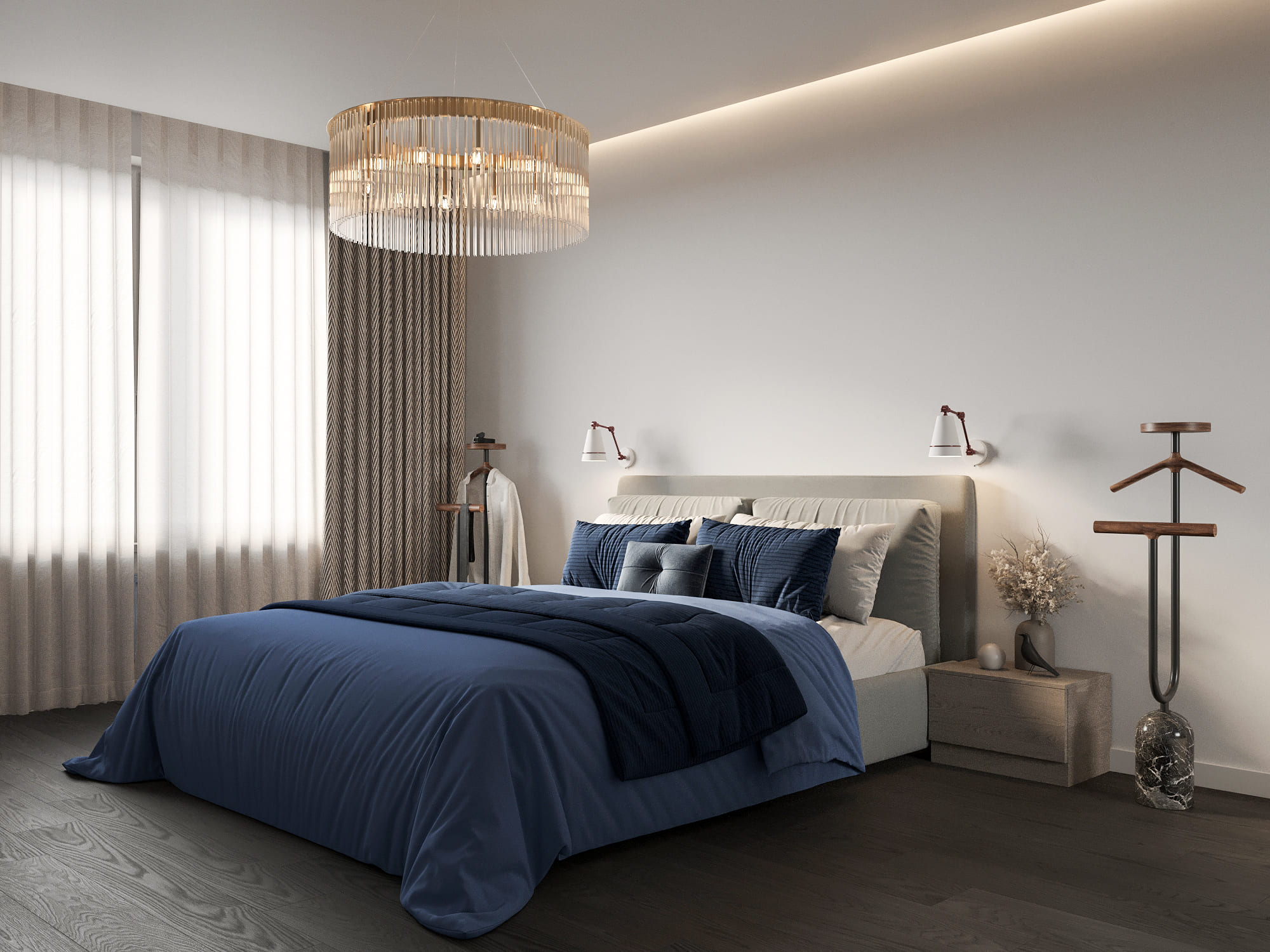 Светлая спальня с кроватью и декором синего цвета