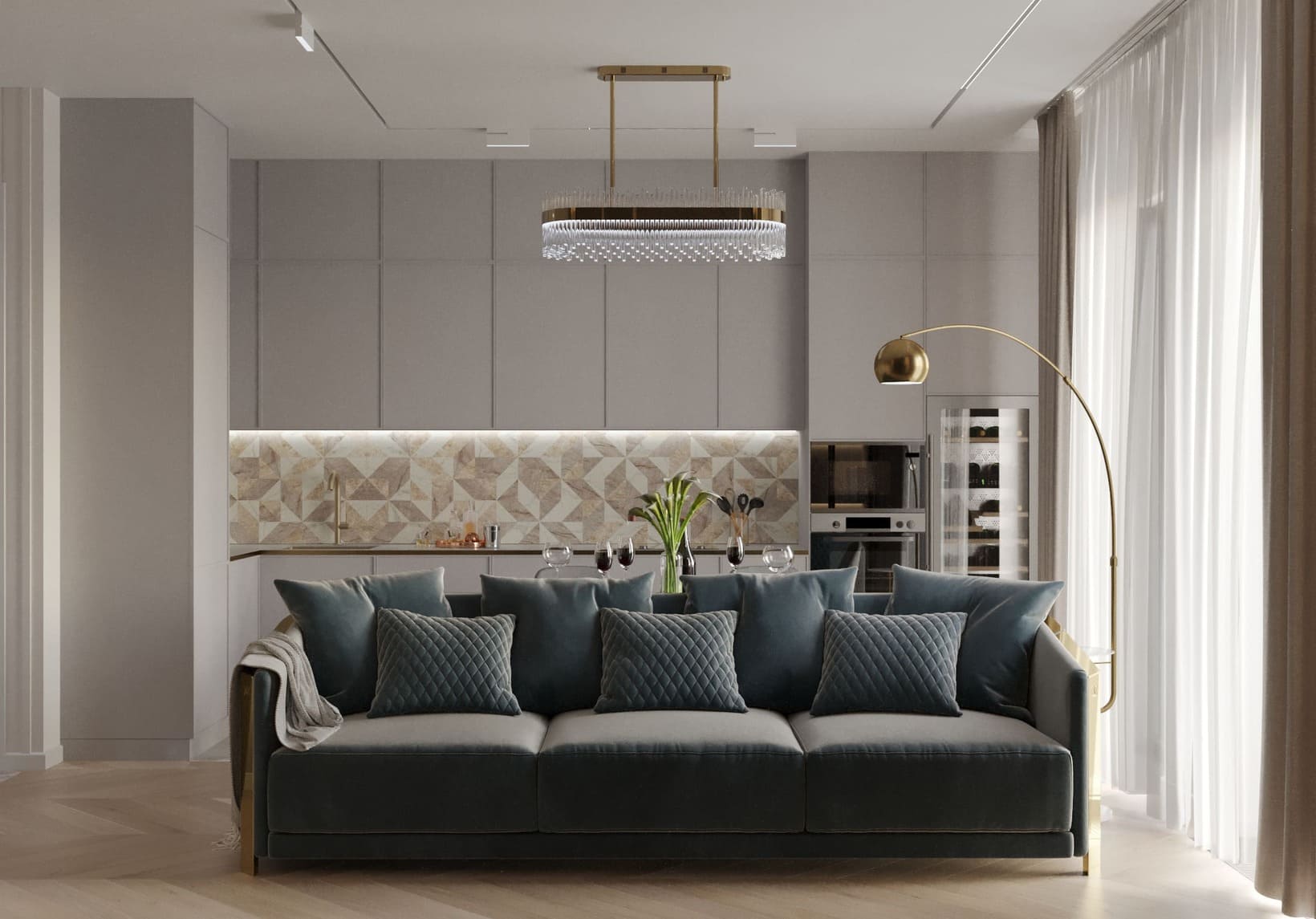 Ремонт кухни-гостиной в стиле ар-деко от компании Domeo