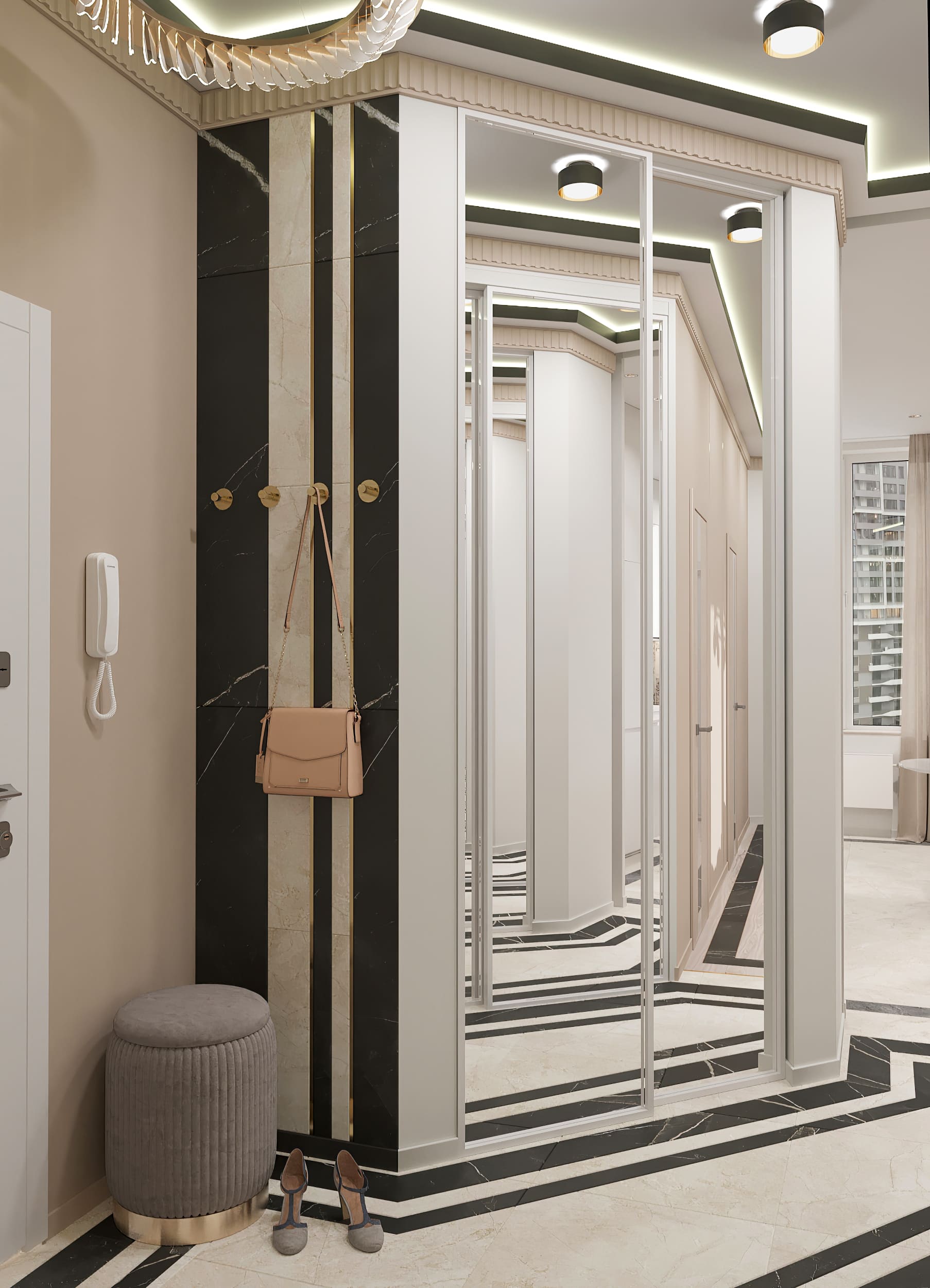 Использование компактного стеллажа или необычных крючков для увеличения пространства в узком коридоре от Domeo