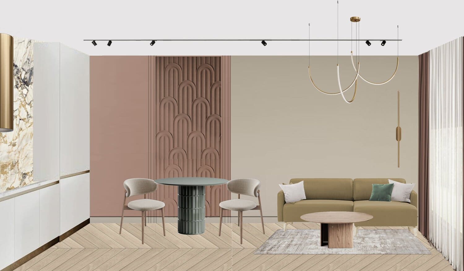 Дизайн-проект кухни-гостиной с темными акцентами под ключ от компании Domeo