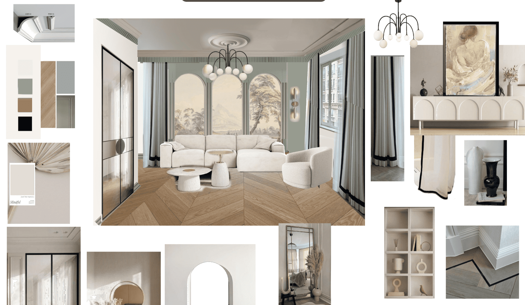 Коллаж гостиной со светлой мебелью и круглым журнальным столиком