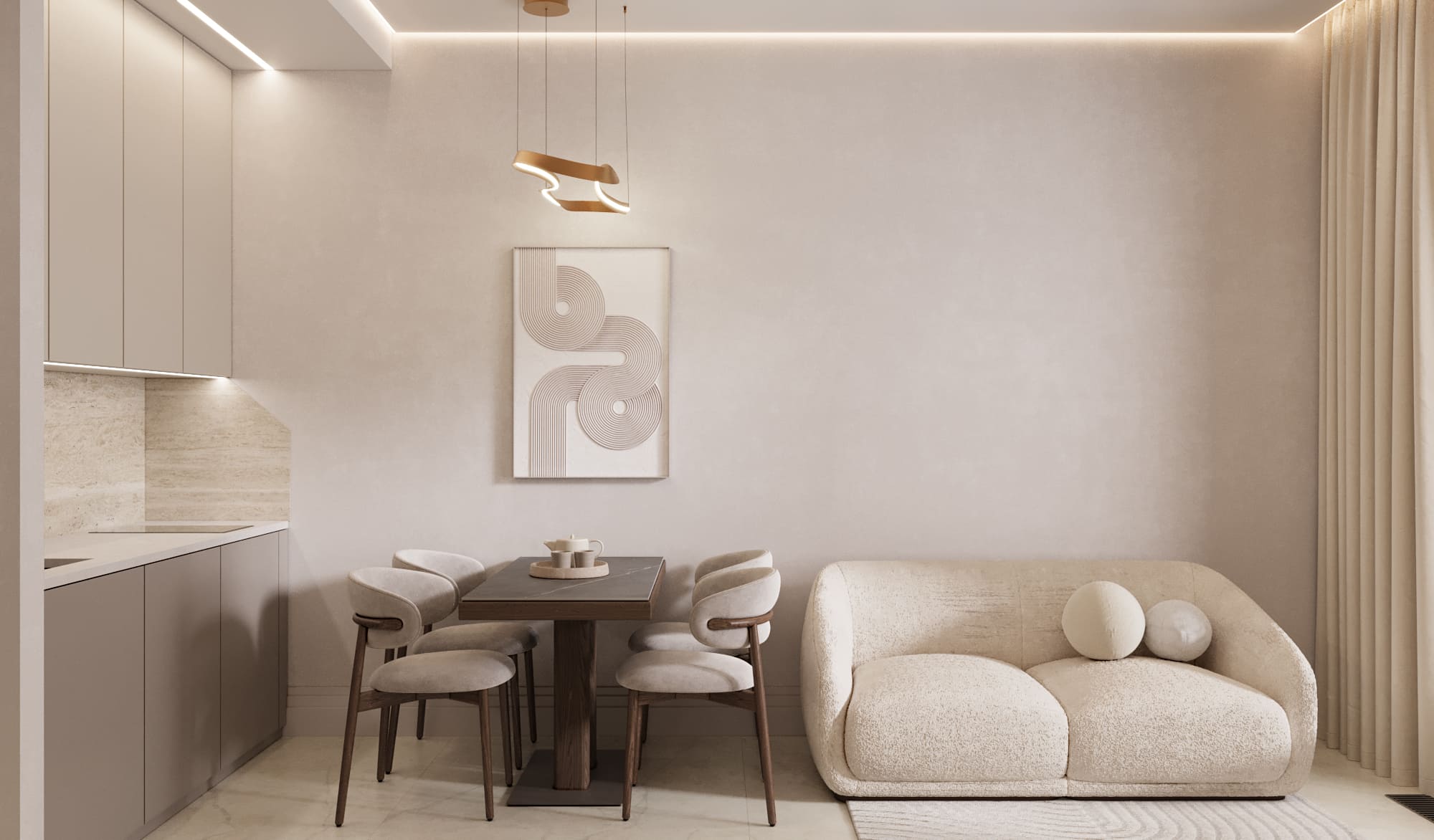 Кухня-гостиная в мягких бежевых оттенках с абстрактной картиной и мягким диваном с декоративными подушками