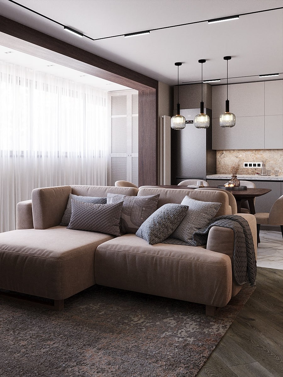 Кухня-гостиная с использованием светлых оттенков и яркого акцента