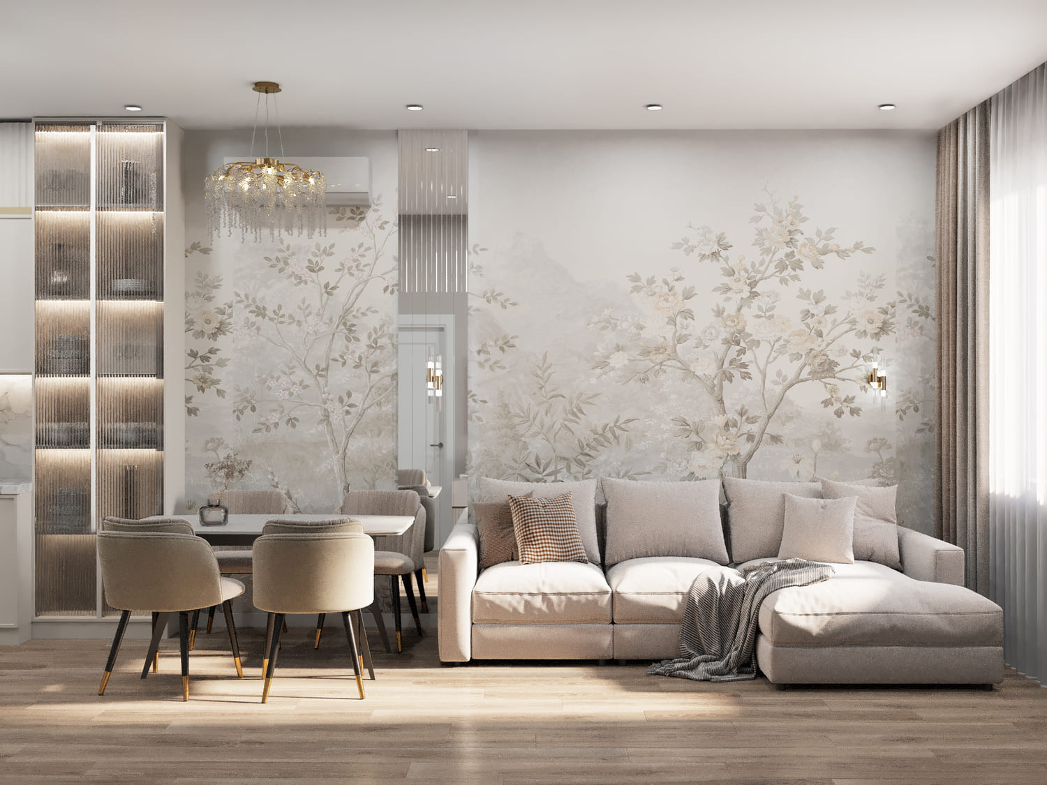 Гостиная со светлыми обоями с деревьями и бежевым диваном