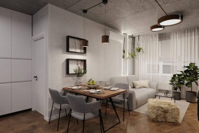 просторная гостиная и обеденная группа в светлых тонах и эко-стиле