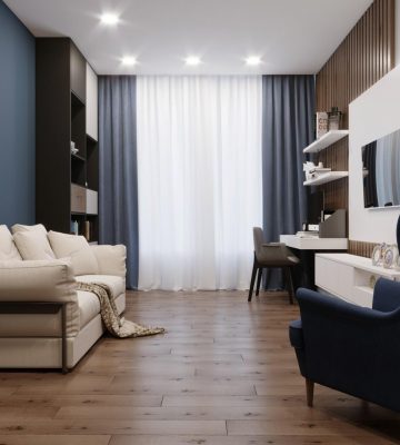 гостиная с рабочим уголком в сине-коричневых оттенках