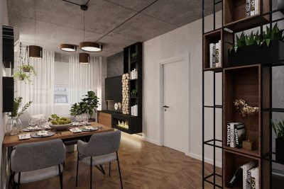 просторная кухня-гостиная со столом и стульями, телевизором в нише под ключ и стеллажем