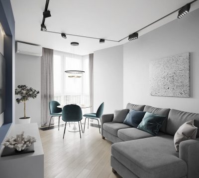 гостиная в серых тонах с синими акцентами