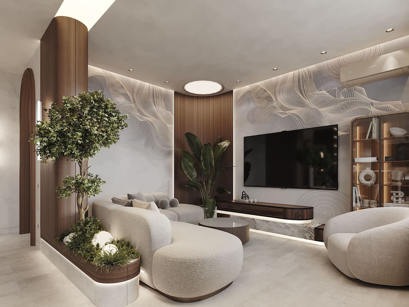 Визуализация гостиной в современном стиле с мягким диваном, круглым столом и тёплым освещением