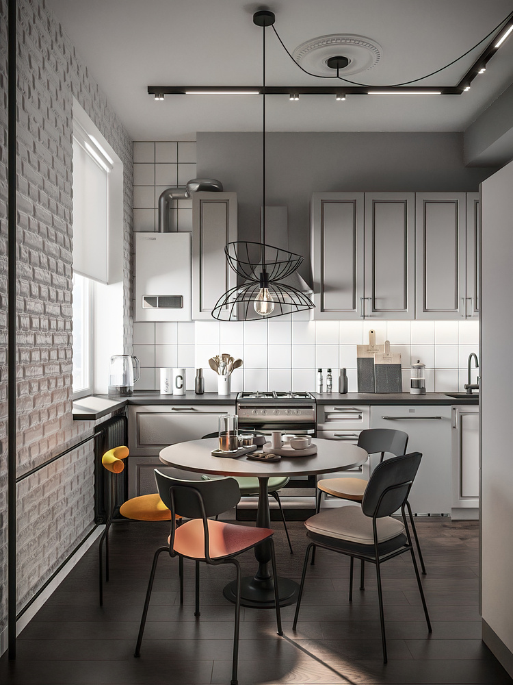 Кухня в светлых тонах с интересной идеей освещения и ярким акцентом на стулья