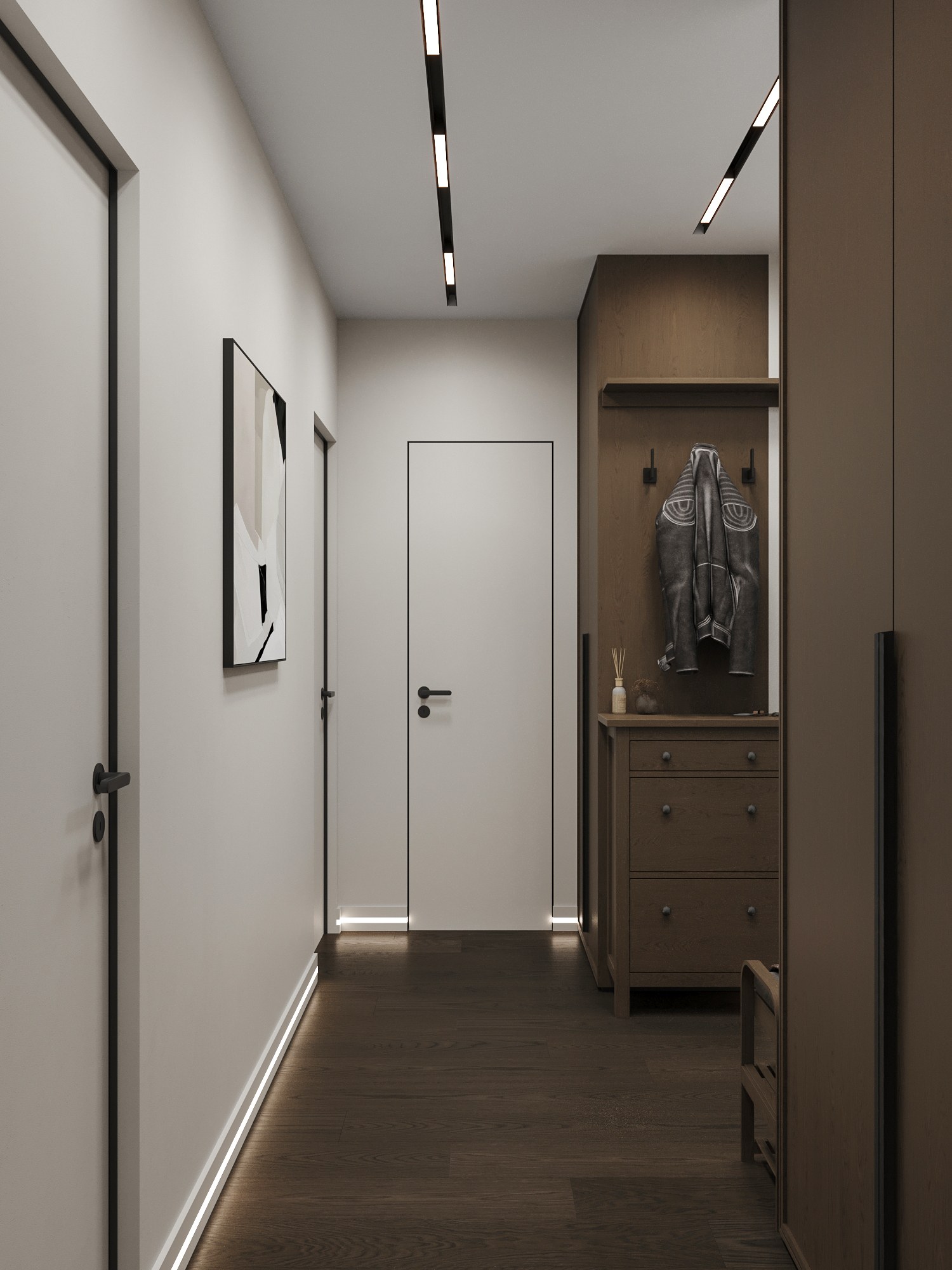 Дизайн в молочных оттенках с акцентом на коричневый цвет мебели