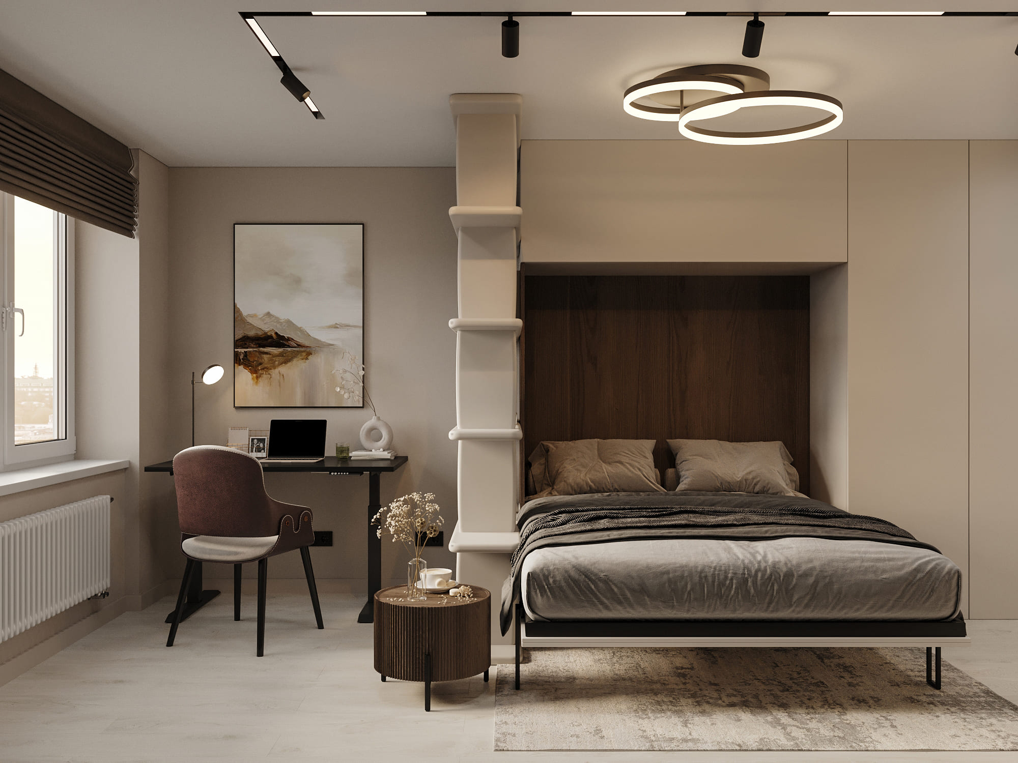 Спальное место в насыщенных тонах с акцентом на коричневый цвет с использованием мебели-трансформер