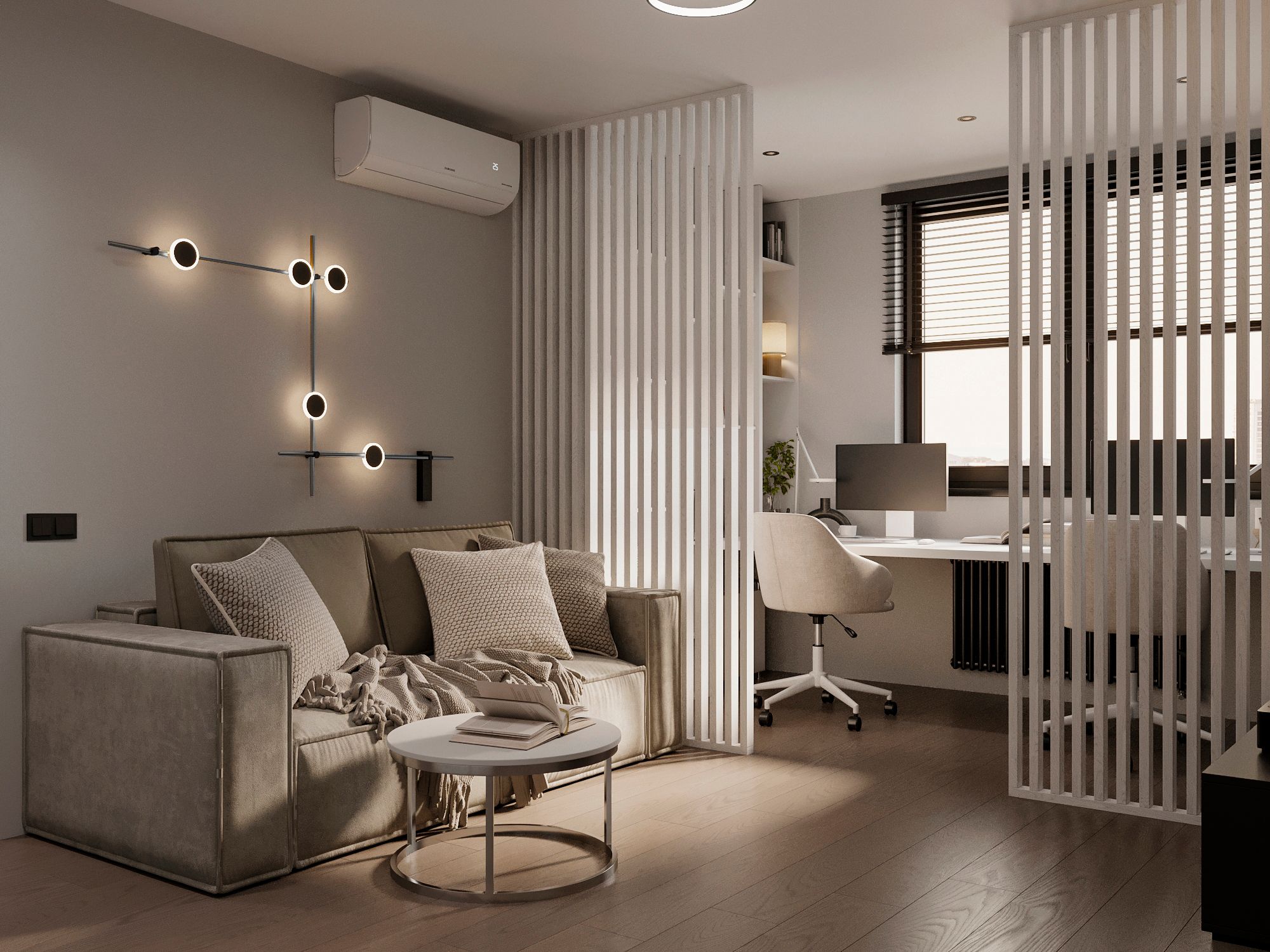 Светлая гостиная с зонированием белыми рейками зоны кабинета