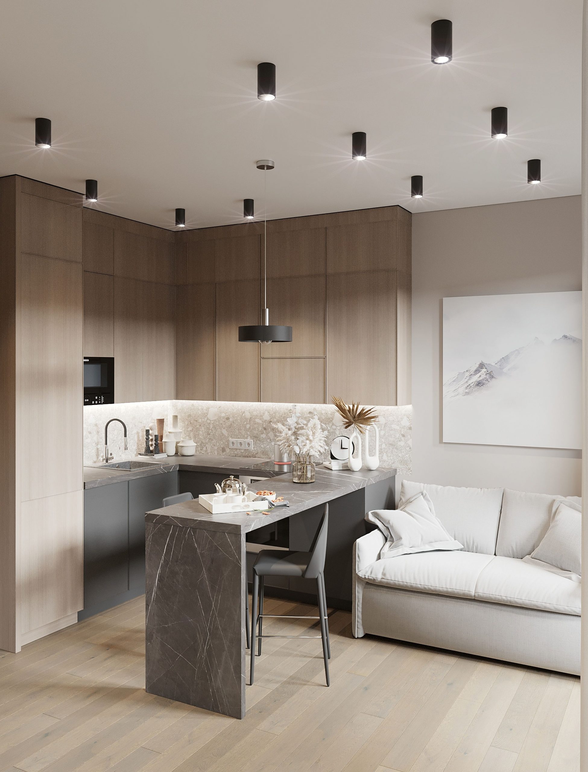 Современная кухня-гостиная в нейтральных серых и бежевых тонах с мраморной столешницей у барной стойки
