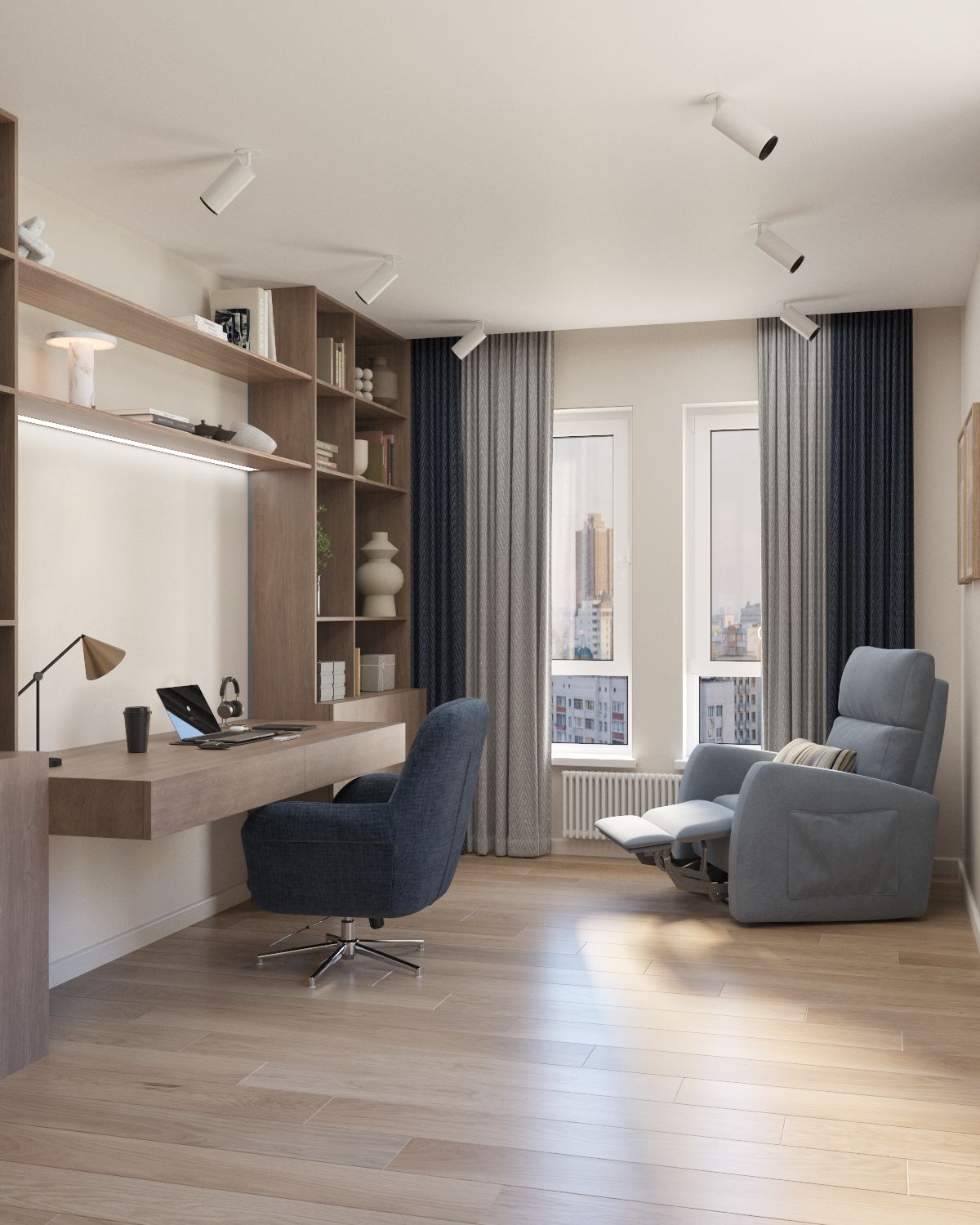 Современная гостиная с рабочей зоной в светлых тонах с элементами дерева и эргономичным креслом