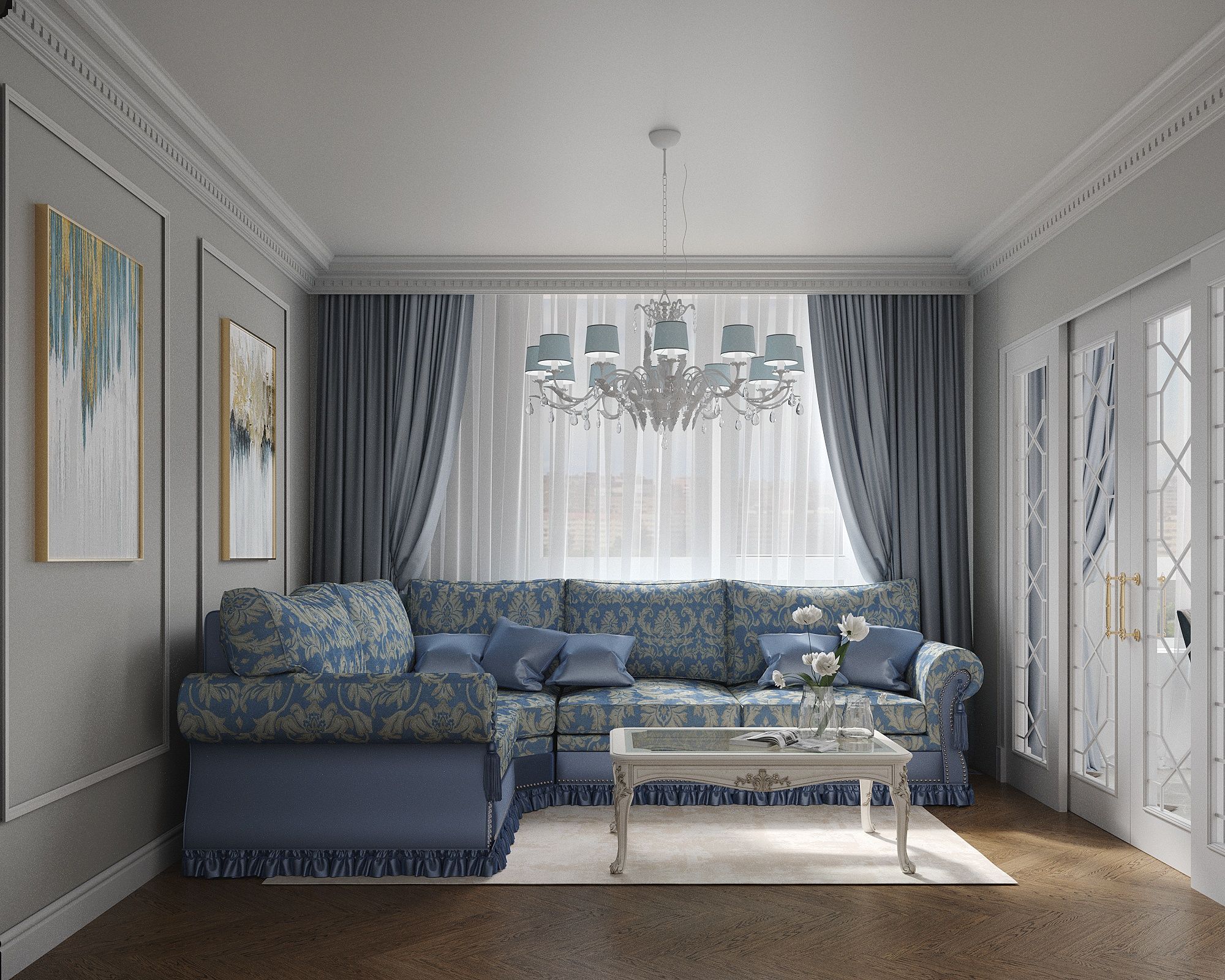 Элегантная гостиная в серо-голубых тонах с массивным диваном и молдингами на стенах