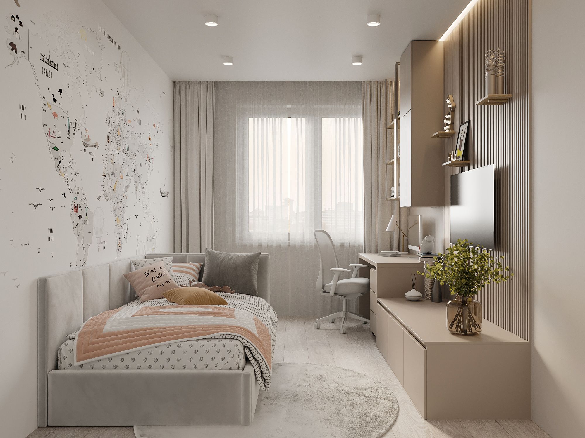 Детская в пастельных тонах с мягкими серыми и белыми оттенками и рабочим столом у окна