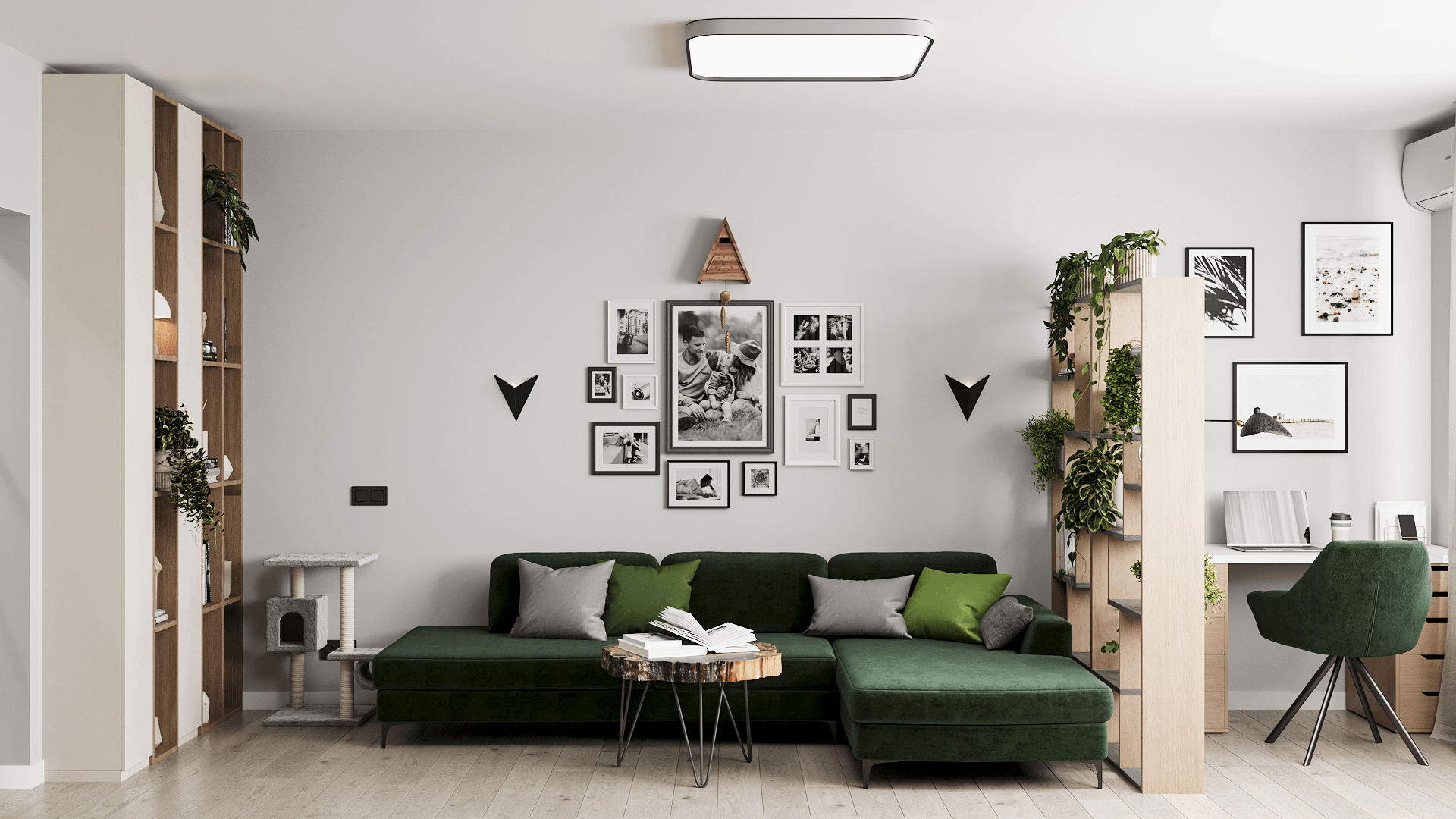 Гостиная в светлых тонах с мебелью насыщенного зеленого цвета и живыми растениями 