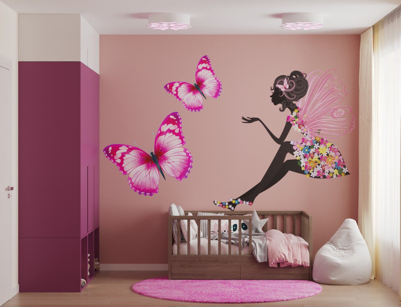 Комната в нежных тонах с розовым акцентом и яркой наклейкой на стене