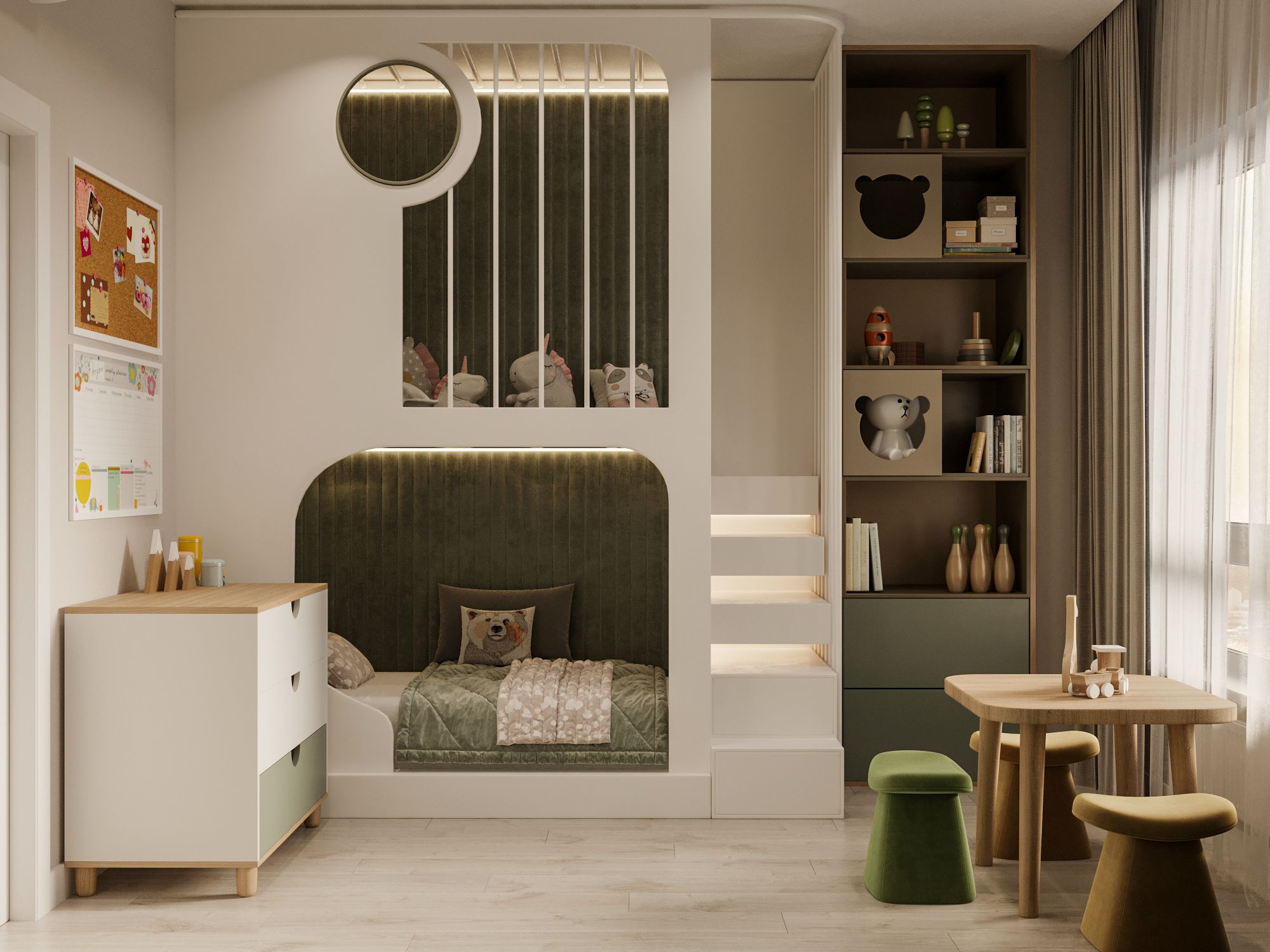 Комната в нежных тонах с встроенными полками и лестницей на верхний ярус для девочки 5 лет