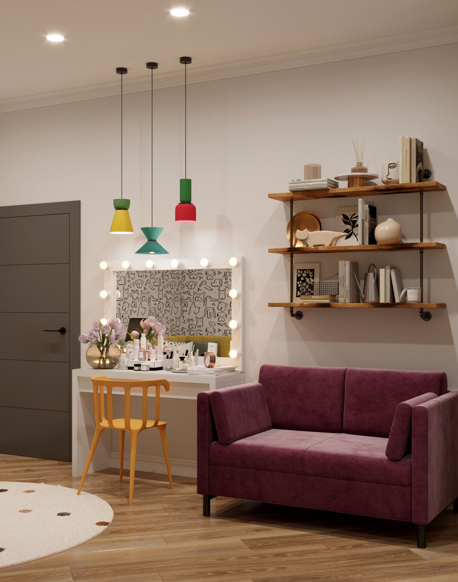 Уютная детская с ярким фиолетовым диваном и деревянными полками с декоративными элементами