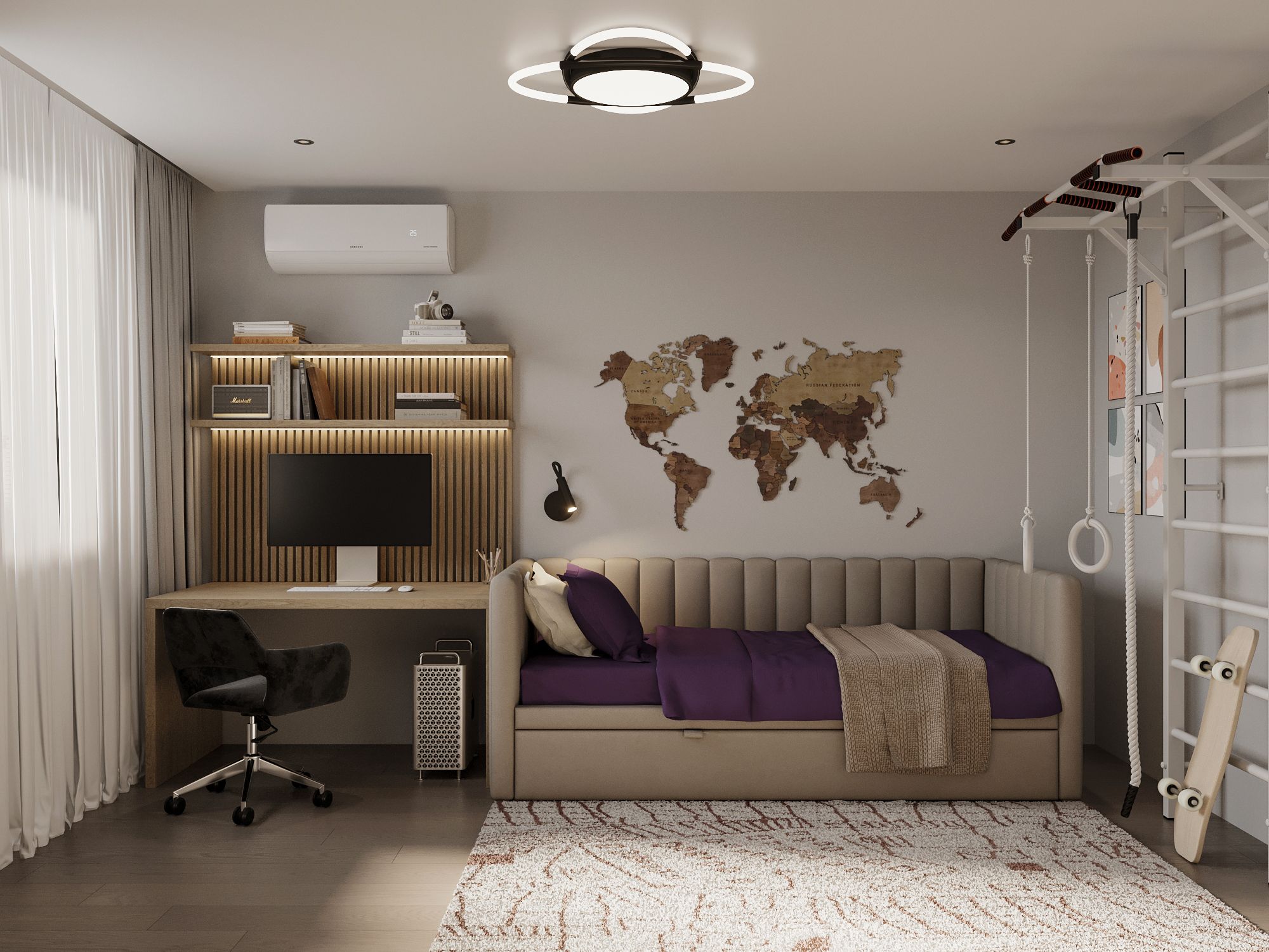 Комната с большой картой мира в винтажном стиле на стене и стильной люстрой