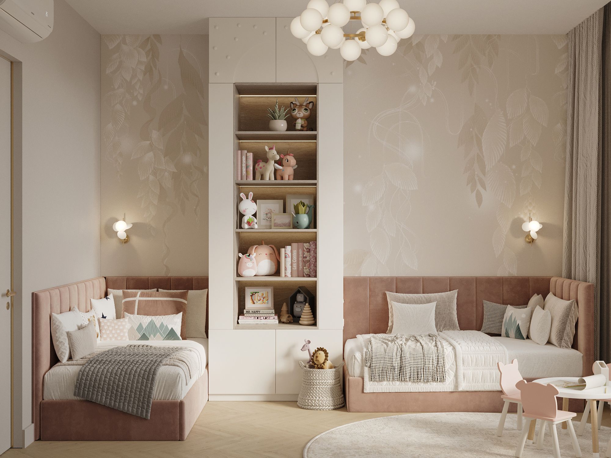 Комната для двух девочек с мебелью в светлых оттенках и высоким шкафом с открытыми полками