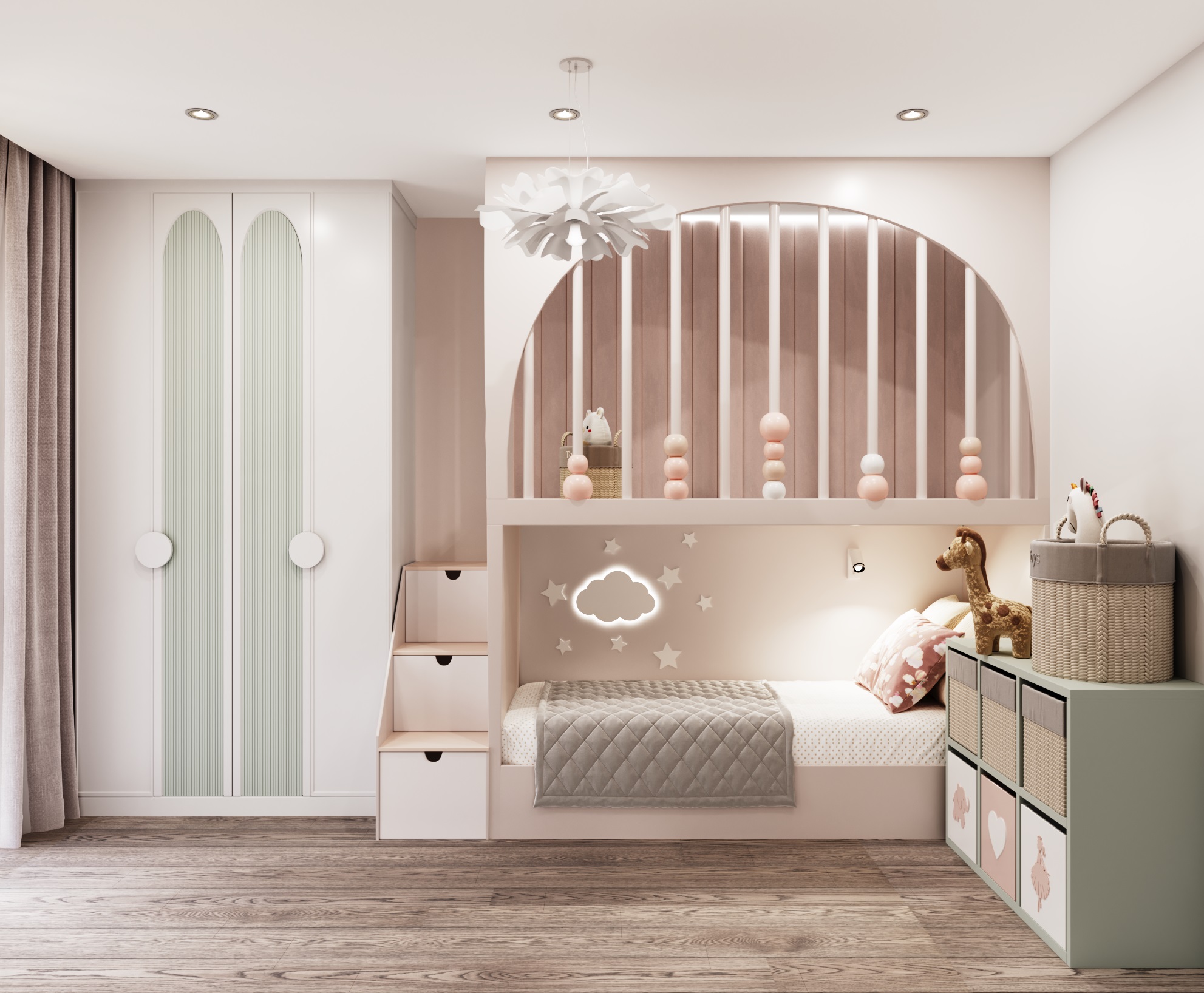 Детская с двухъярусной кроватью с декором на стене и ящиками для хранения