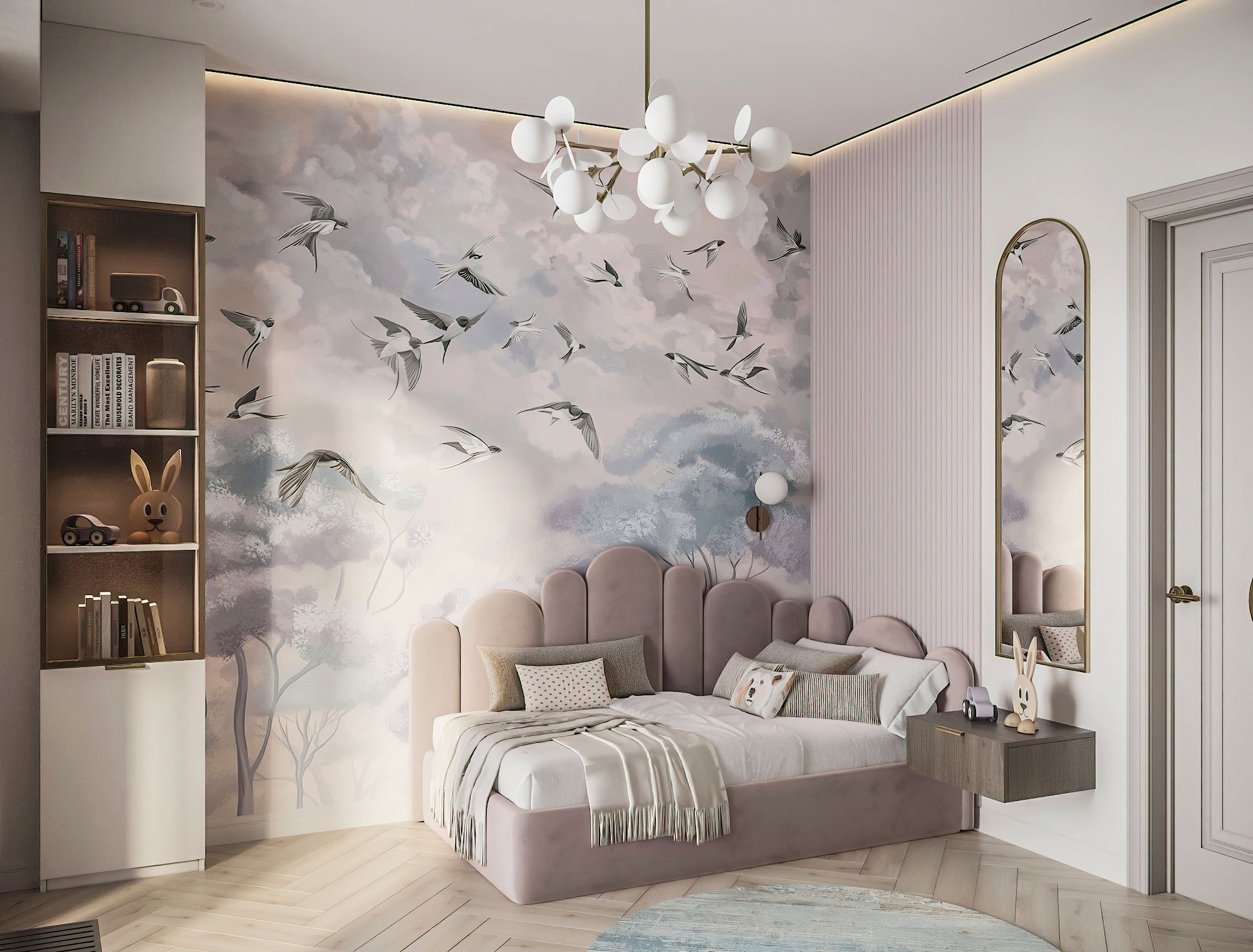 Стильная детская для девочки с изображением птиц на стене и книжным стеллажом с встроенной подсветкой