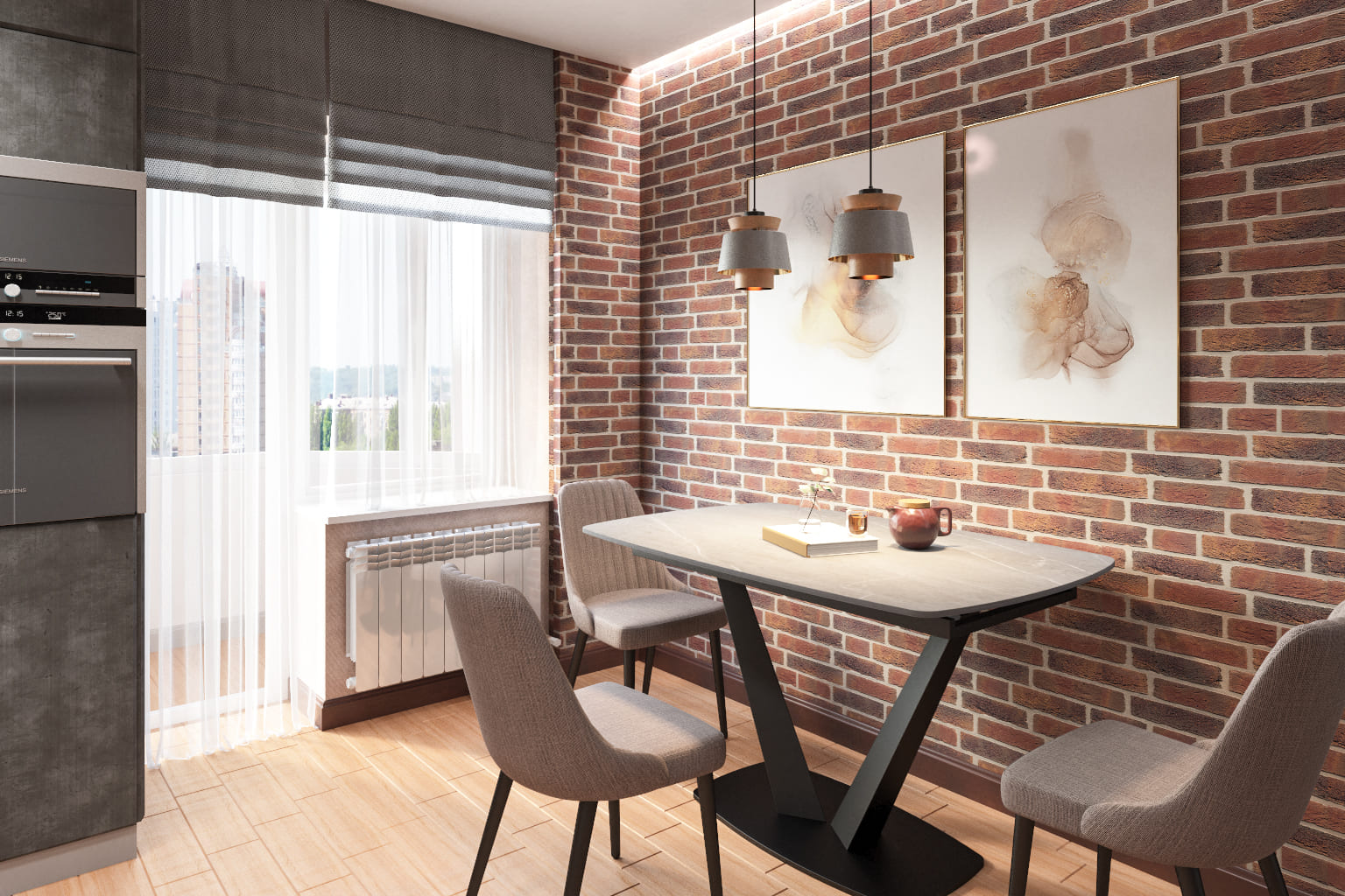 Кухня с акцентной кирпичной стеной и деревянным напольным покрытием