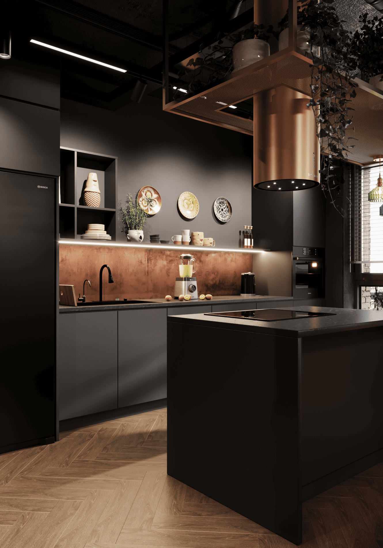 Кухня в темных оттенках с сочетанием серого и черного цветов и теплыми медными акцентами 