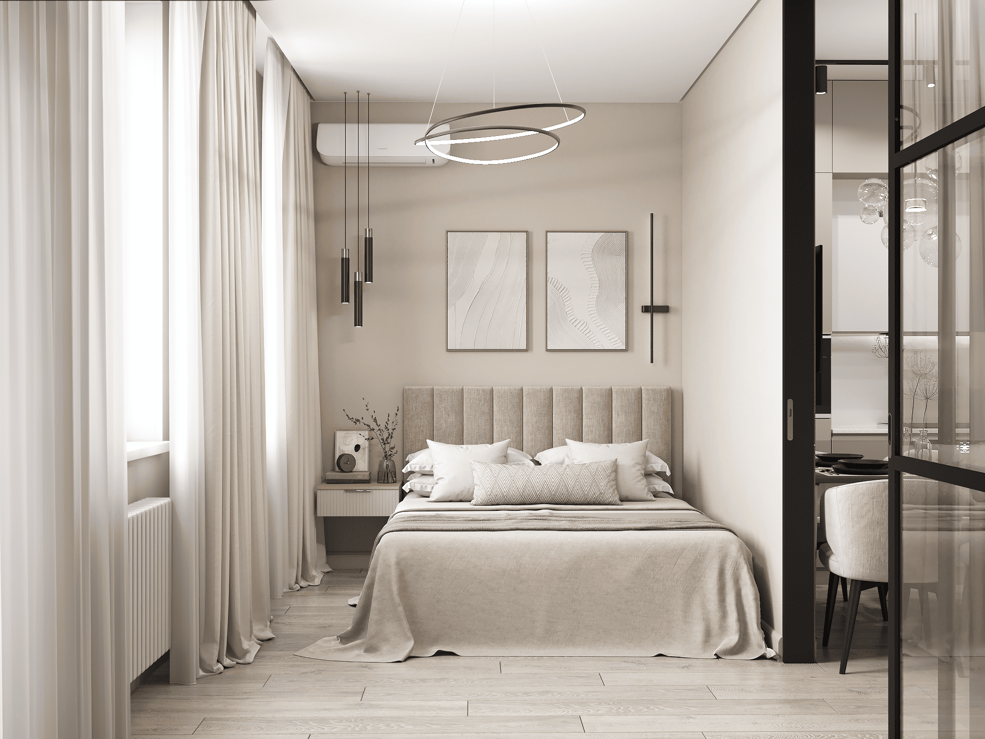 Светлая спальня с различными вариантами освещения и стеклянной дверью