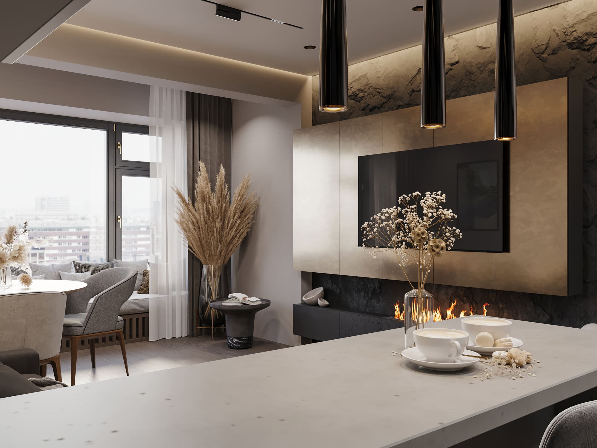 Светлая спальня в бежевых тонах с симметричными зеркалами по бокам кровати