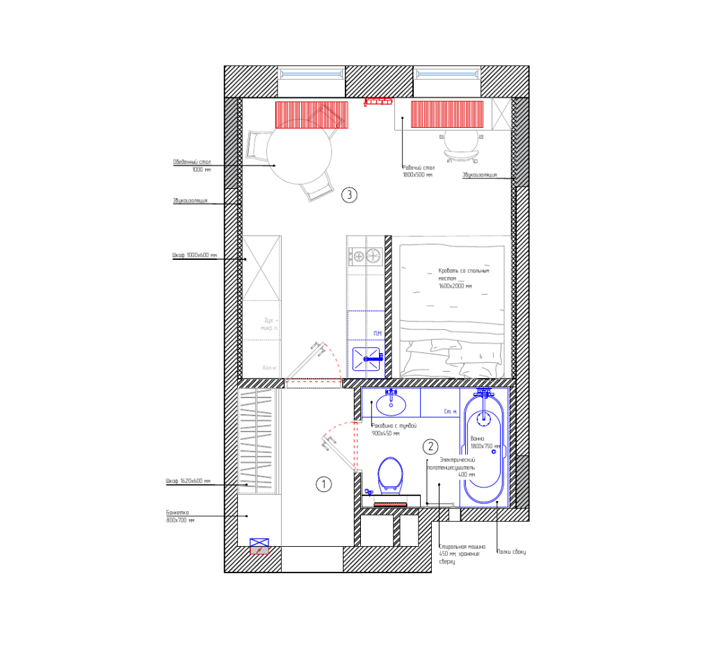 Планировка квартиры в нейтральных тонах с цветовыми акцентами и стеклоблоком в зоне кухни